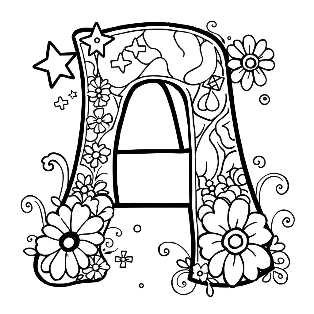 A large, decorative letter A designed for coloring, featuring intricate patterns and whimsical designs