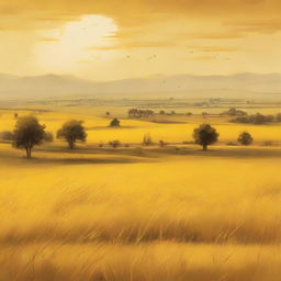 A view of a vast field, bathed in a rich, golden yellow hue, encapsulating the heartwarming aura of the countryside.