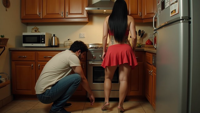 In a cozy kitchen setting, a fair-skinned Mexican woman with wide hips and thick legs stands confidently in front of the stove