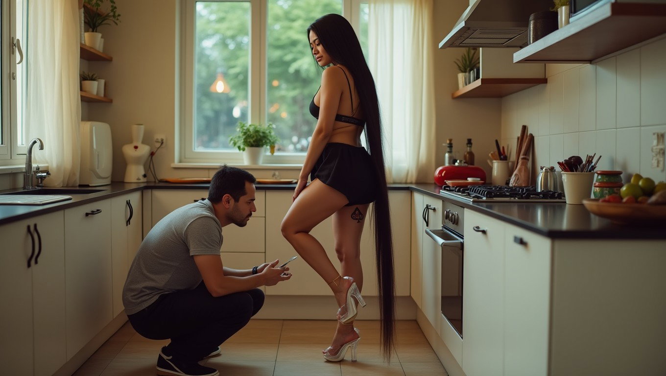 In a stylish kitchen, a light-skinned Mexican woman with wide hips and thick legs exhibits a bold fashion sense