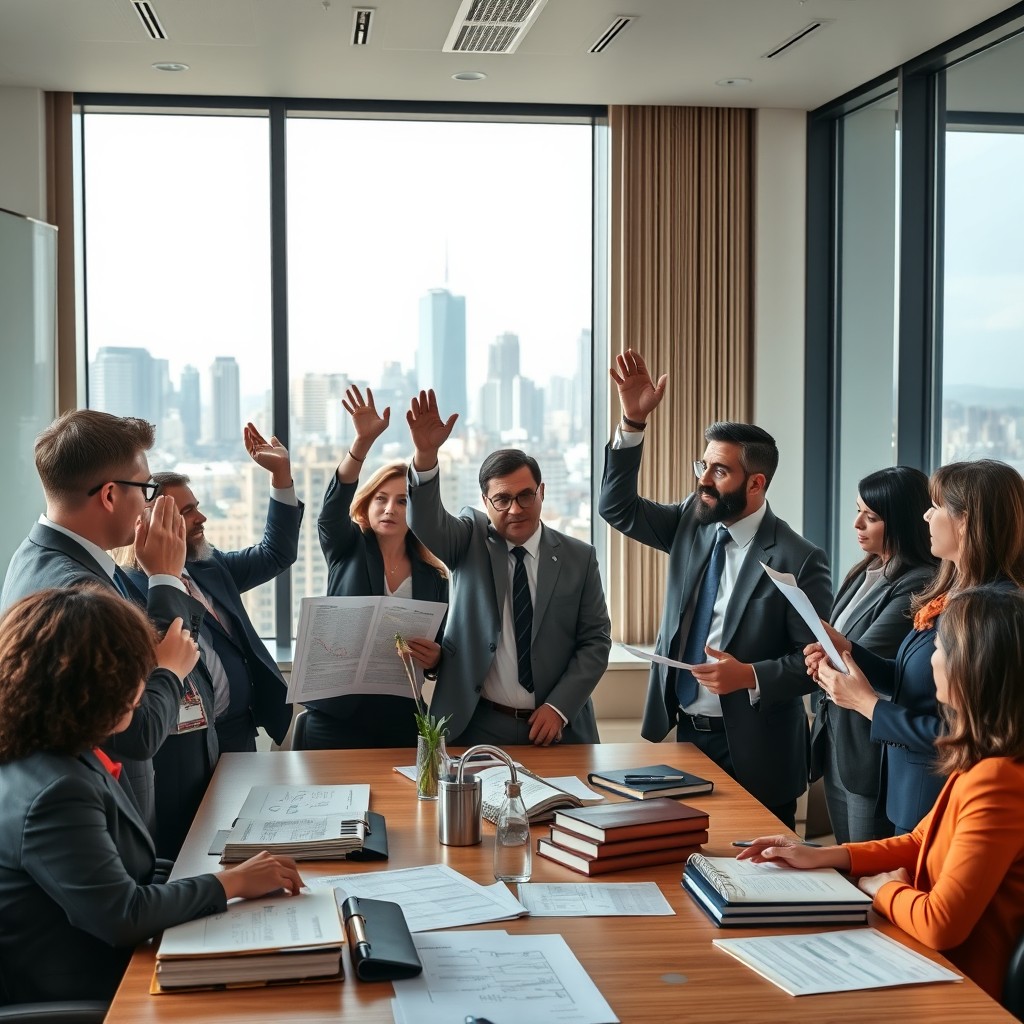 A professional and engaging setting featuring a diverse group of lawyers and legal professionals discussing legal ethics