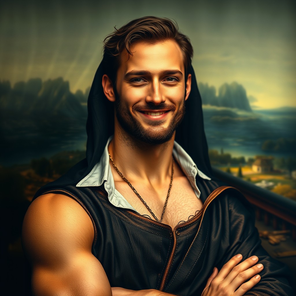 A creative reinterpretation of the Mona Lisa as a muscular, confident male figure, showcasing an artistic blend of classical portraiture and modern masculine aesthetics