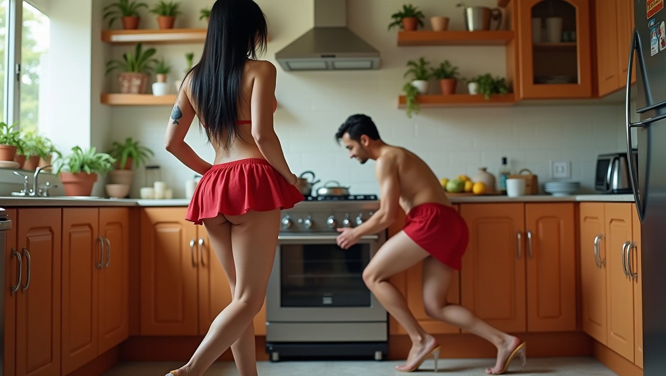 In a lively kitchen, a light-skinned Mexican woman stands confidently in front of the stove