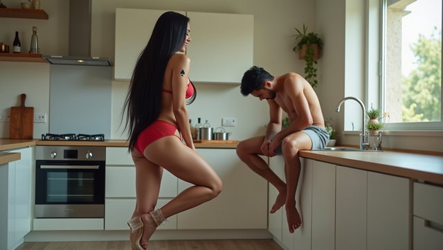 In a modern kitchen, a light-skinned Mexican woman with wide hips and thick legs stands confidently