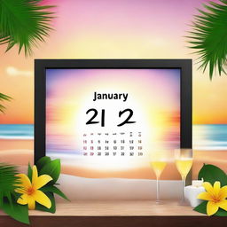 A vibrant scene illustrating '1st January 2024'. Consider a calendar marking the date, set against the backdrop of a beautiful sunrise, denoting a fresh start of the New Year. Decorations and cheers engulf the scene, reflecting the celebration.