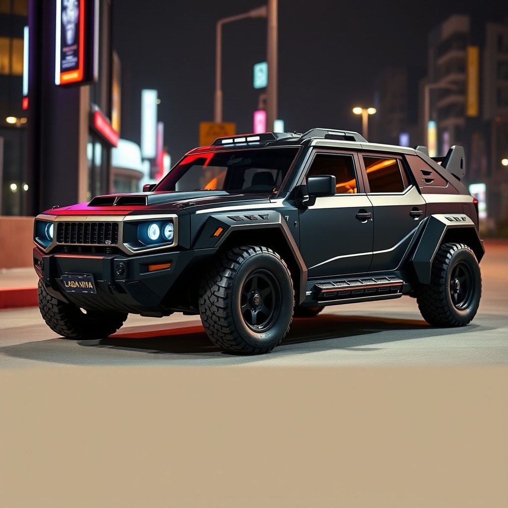 A unique Lada Niva transformed into a Batmobile-style vehicle, featuring sleek, dark armor plating, a futuristic design, and bat-like elements such as wings or fins