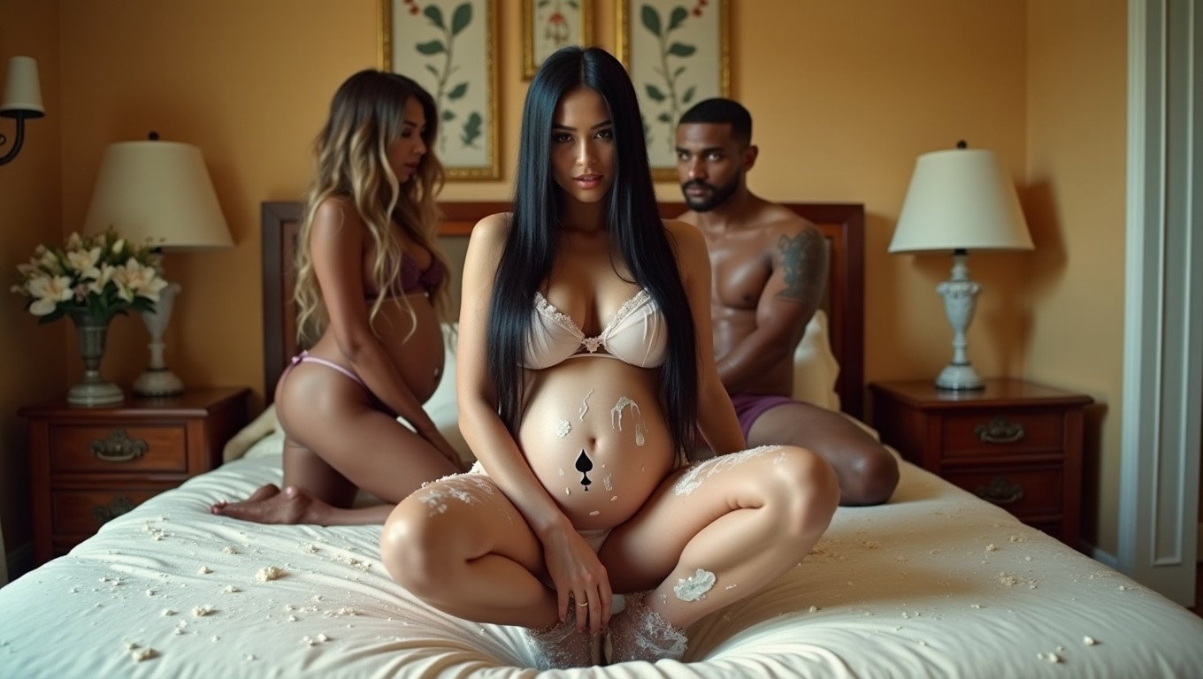 In a lavish bedroom, a fair-skinned pregnant Mexican woman with very wide hips and thick legs is depicted in a playful and carefree scene