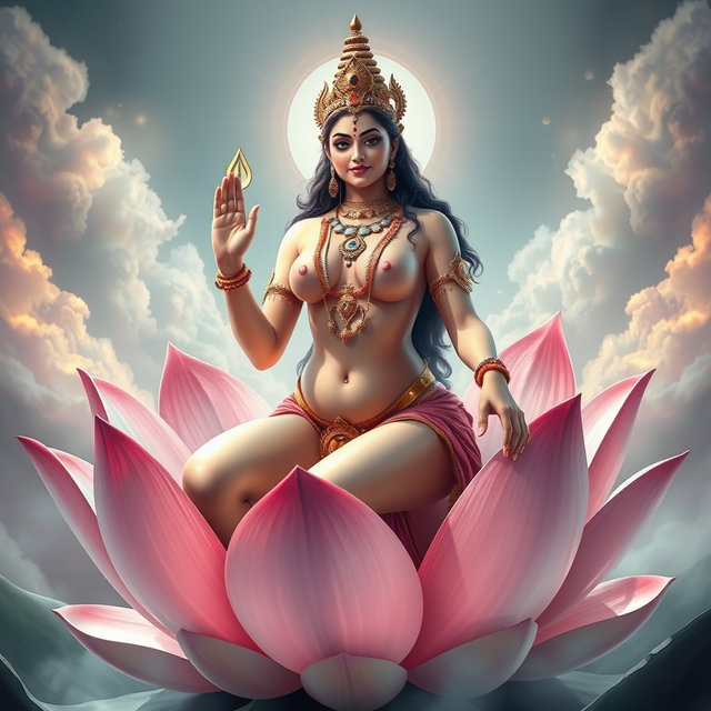 A stunning divine goddess, fully naked, exuding beauty and grace, adorned with intricate jewelry around her neck and delicate payal (anklets) on her feet