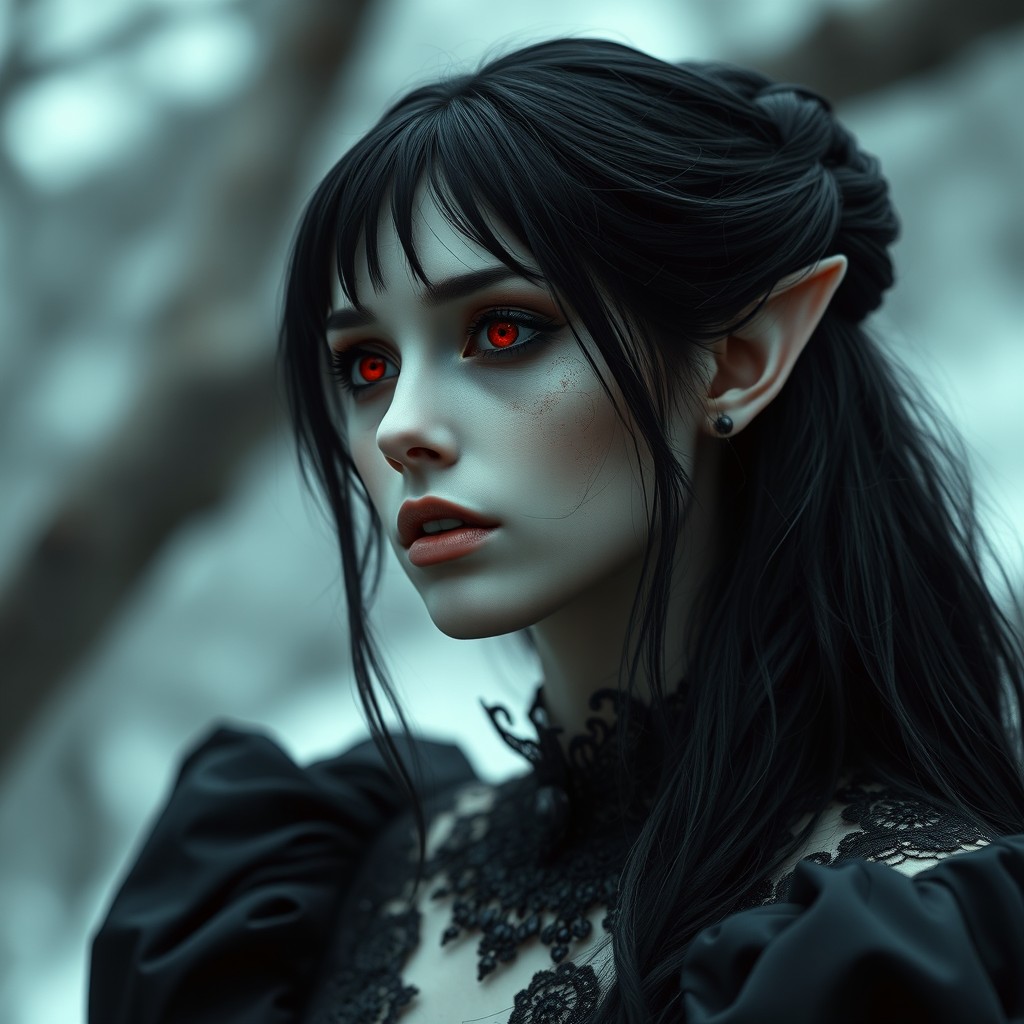 A beautiful female elf in her 30's with striking grey-white skin and smoky eye makeup, her red glowing eyes casting an alluring yet somber gaze