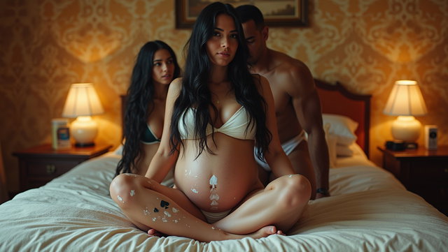 In an opulent bedroom setting, a pregnant Mexican woman with fair skin, wide hips, and thick legs is squatting on a large bed