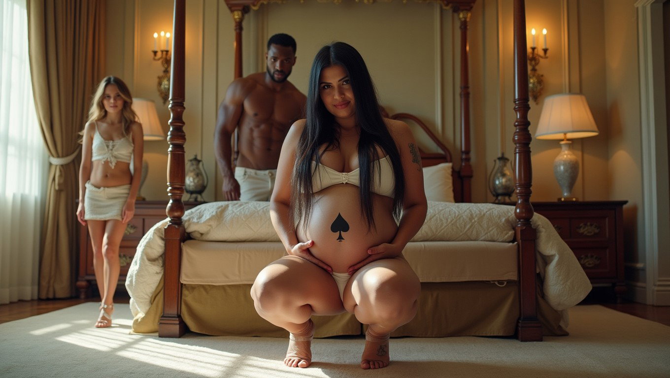 In a spacious and opulent bedroom, a fair-skinned pregnant Mexican woman with very wide hips and thick legs is squatting on a large, plush bed