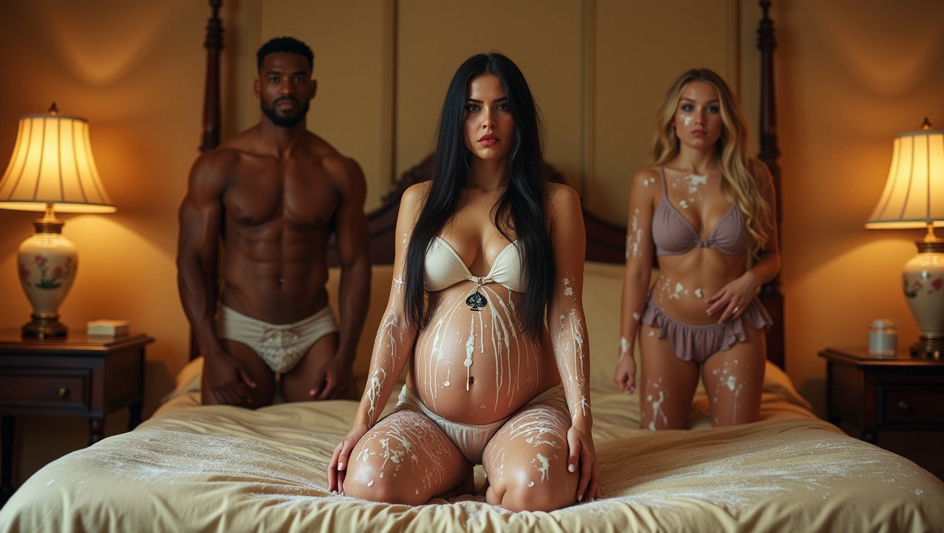 In an opulent bedroom, a pregnant Mexican woman with fair skin, very wide hips, and thick legs is squatting on a large bed