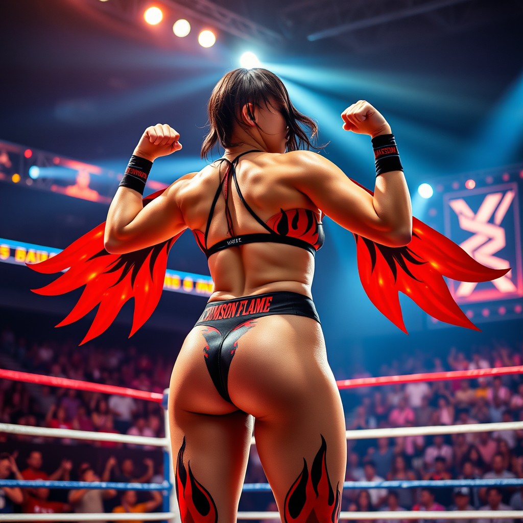 A Japanese female wrestler with an hourglass physique, depicted in a powerful stance that exudes confidence and intensity