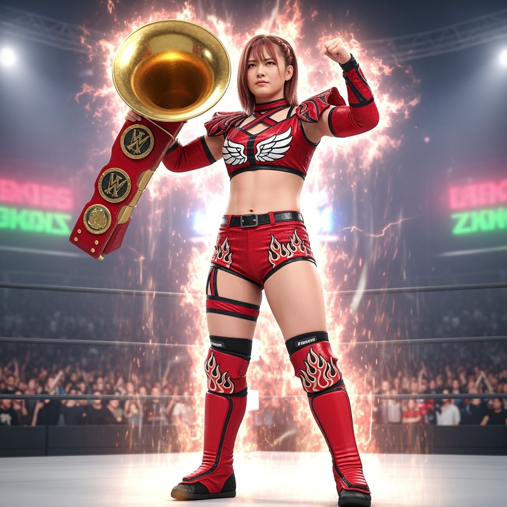 A Japanese female wrestler with an hourglass physique, depicted in a powerful stance that radiates strength and intensity