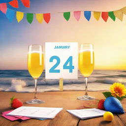 A vibrant scene illustrating '1st January 2024'. Consider a calendar marking the date, set against the backdrop of a beautiful sunrise, denoting a fresh start of the New Year. Decorations and cheers engulf the scene, reflecting the celebration.