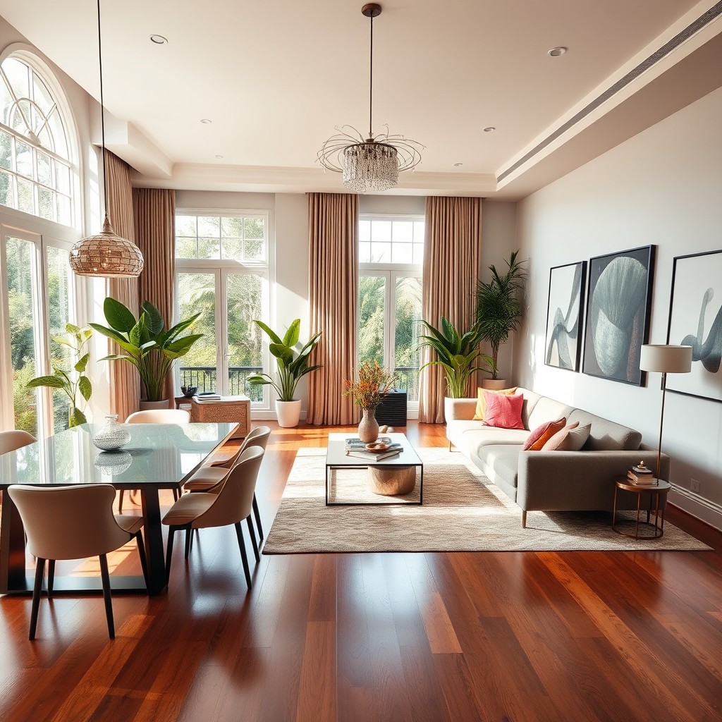 A beautifully designed living and dining room featuring modern furniture and elegant decor