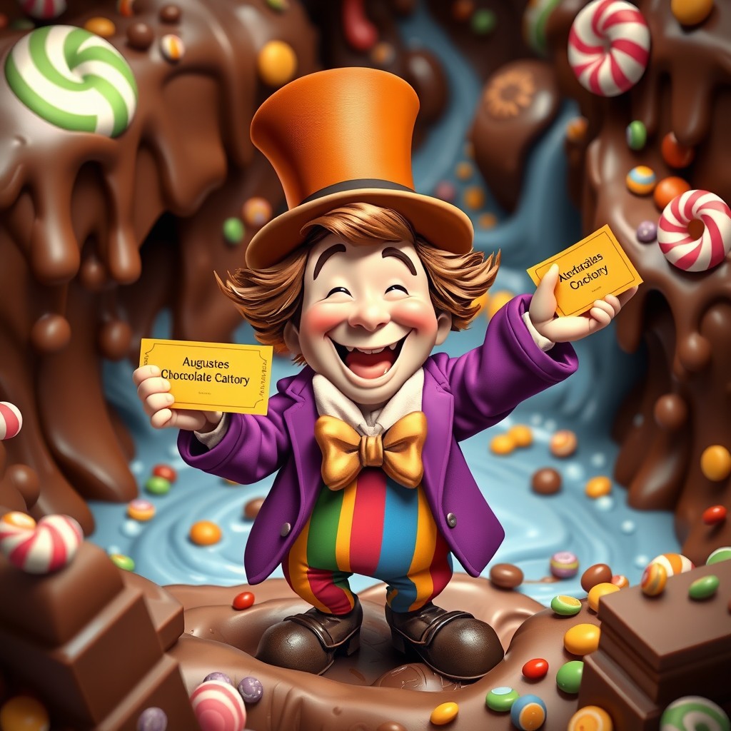 A whimsical and colorful scene featuring Augustus Gloop, the iconic character from 'Charlie and the Chocolate Factory', joyfully holding a golden ticket in one hand