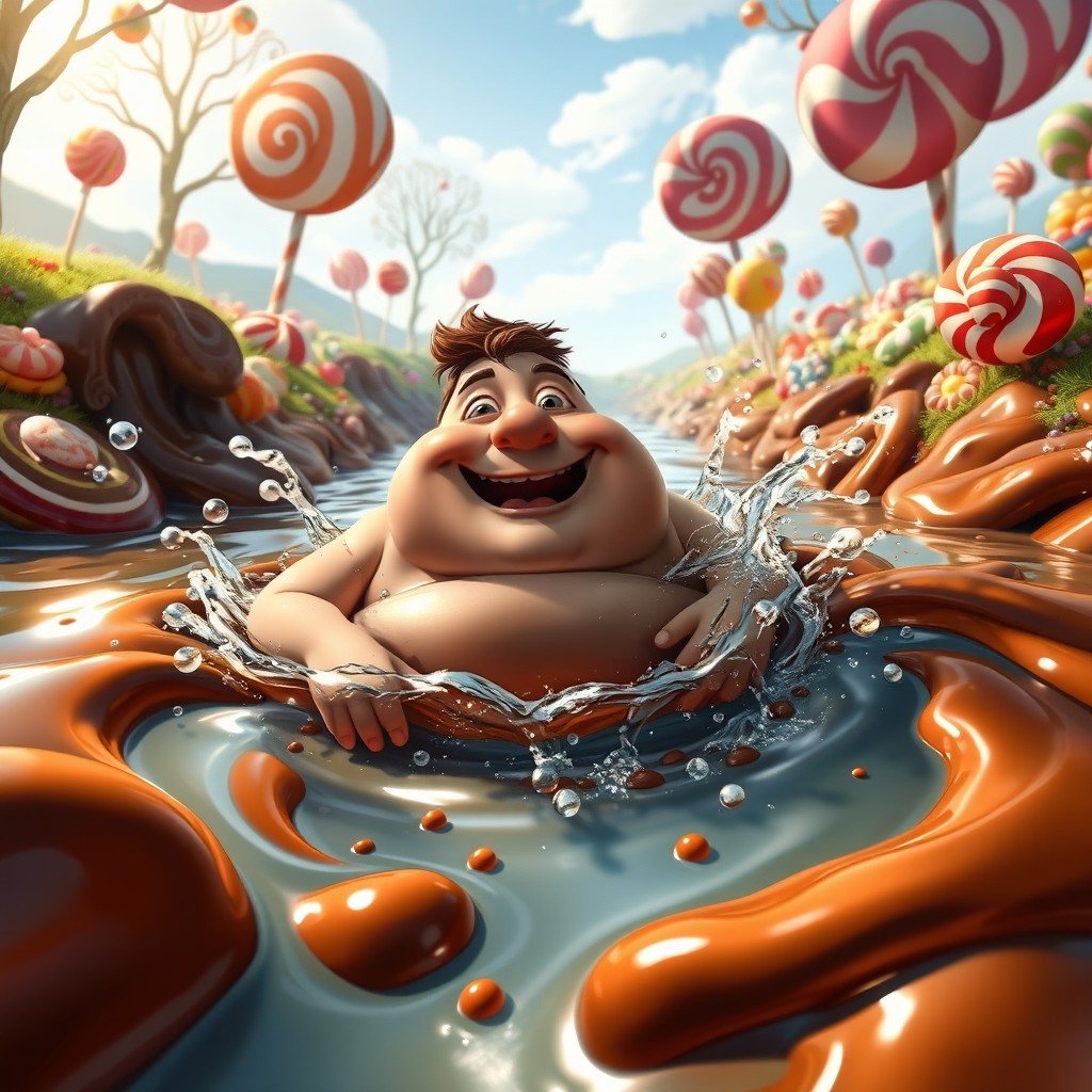 A delightful scene of Augustus Gloop from 'Charlie and the Chocolate Factory' joyfully splashing in a river of rich, flowing chocolate