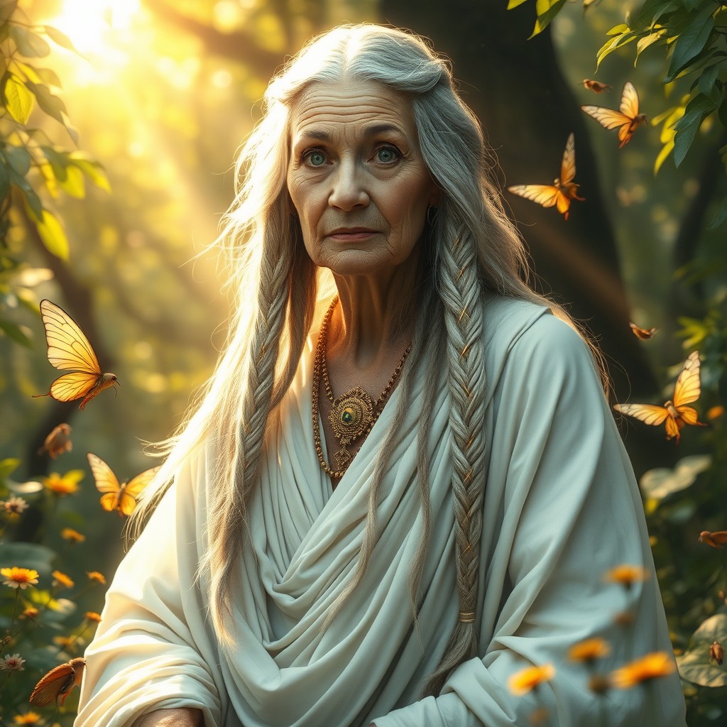 An elderly goddess, adorned in ethereal robes that flow gracefully around her, embodying wisdom and strength