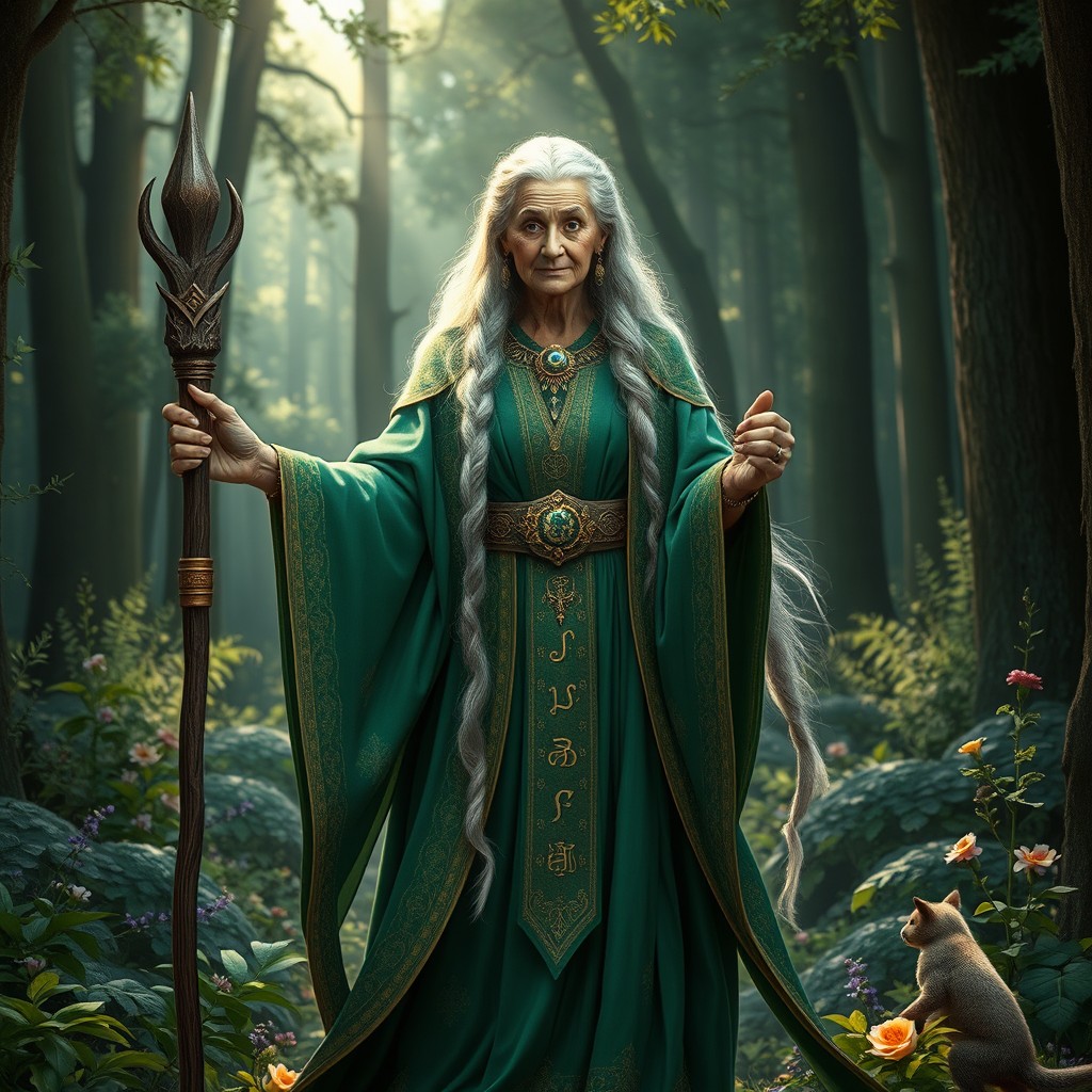 A full-body depiction of an elderly goddess, standing majestically in a serene forest glade