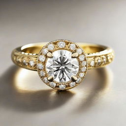 A beautifully designed, highly detailed, and shimmering gold ring set with a large, brilliant-cut diamond in the center.