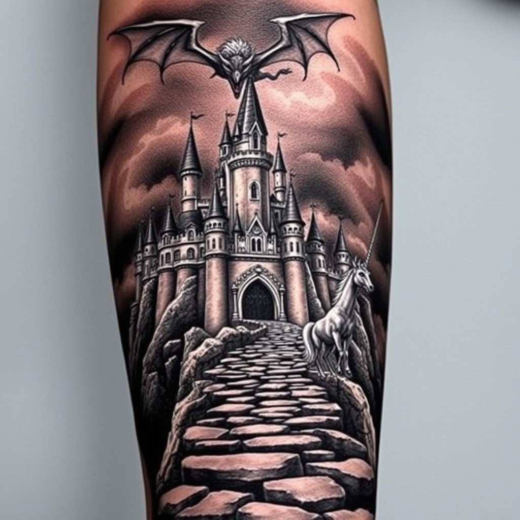A towering fairytale castle is set against a dark sky, with a long, slithering path made of rugged rocks that tone out towards the bottom, leading ominously to the castle gates
