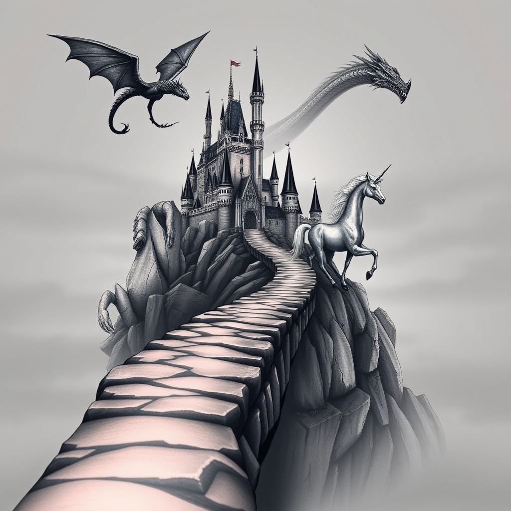 A striking fairytale castle rises majestically at the horizon, accessed by a long, slithering path made of rugged rocks that gradually tone out towards the bottom for a dramatic effect