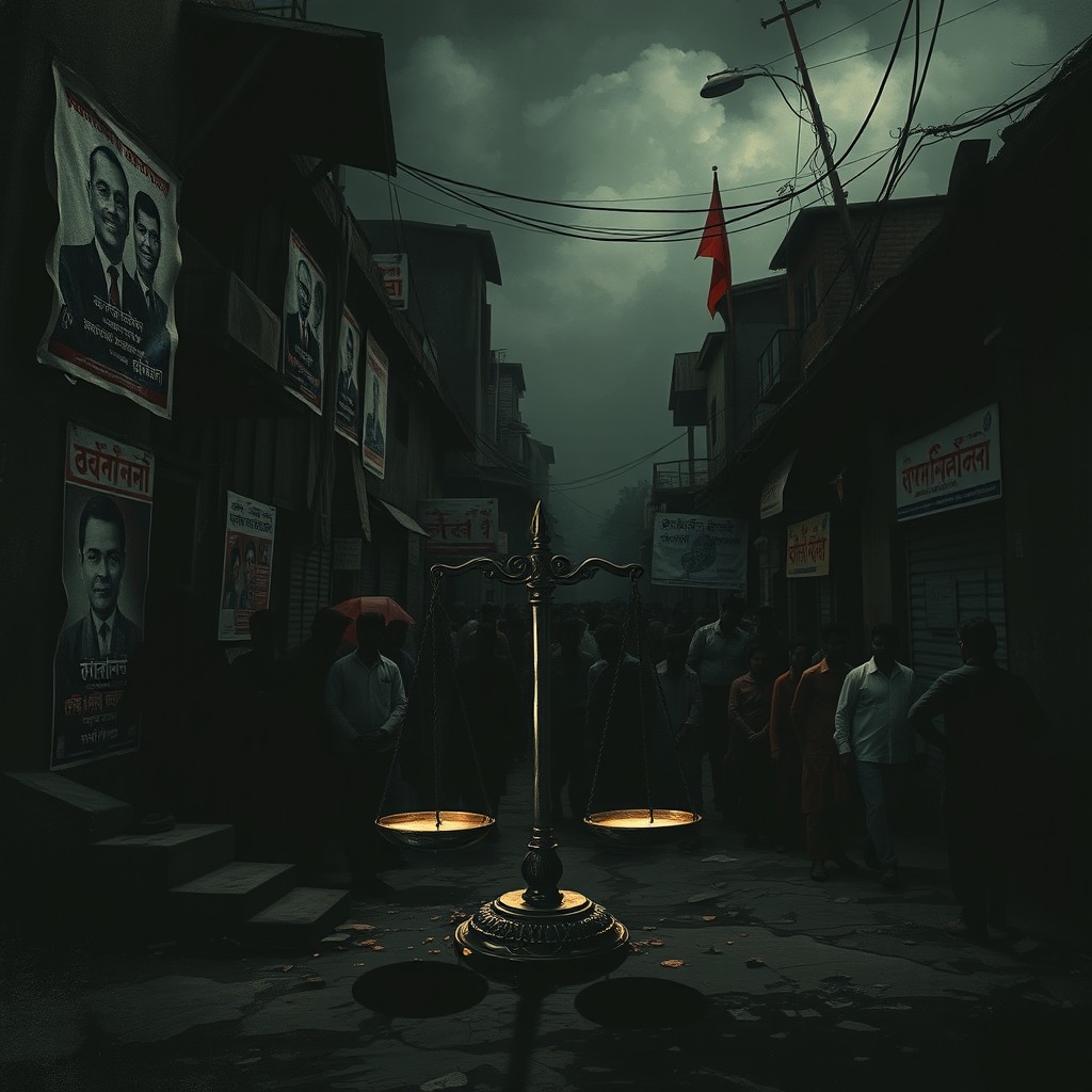 Artistic representation of a somber landscape reflecting the current socio-political climate in Bangladesh, emphasizing themes of struggle and resilience