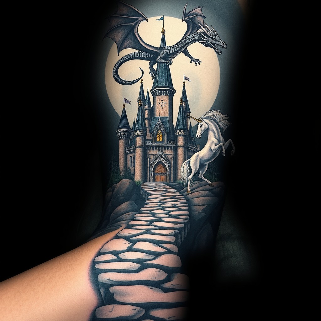 An enchanting yet eerie fairytale castle rises majestically against a dark backdrop, approached by a long, slithering path crafted from rugged rocks that tone out at the bottom, adding to the ominous atmosphere