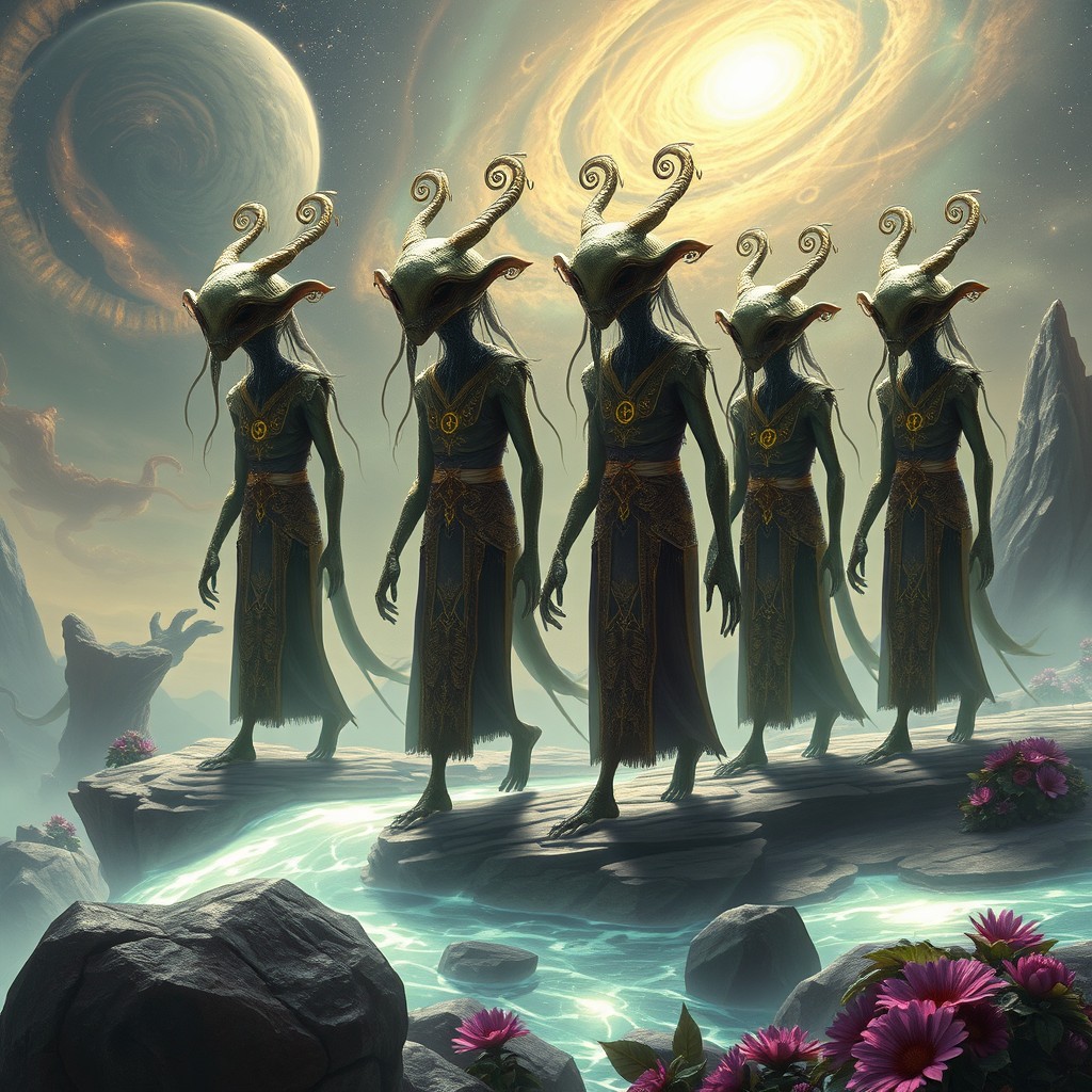 A group of majestic Yithians, alien beings with elongated bodies, large bulbous heads, and intricate, delicate tentacles, walking gracefully across a surreal landscape