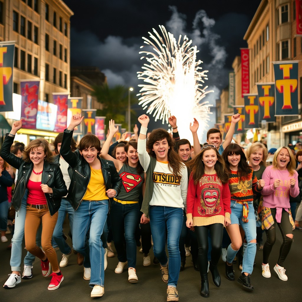 An energetic parade featuring a vibrant display of characters inspired by 'The Outsiders'