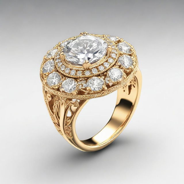 A beautifully designed, highly detailed, and shimmering gold ring set with a large, brilliant-cut diamond in the center.