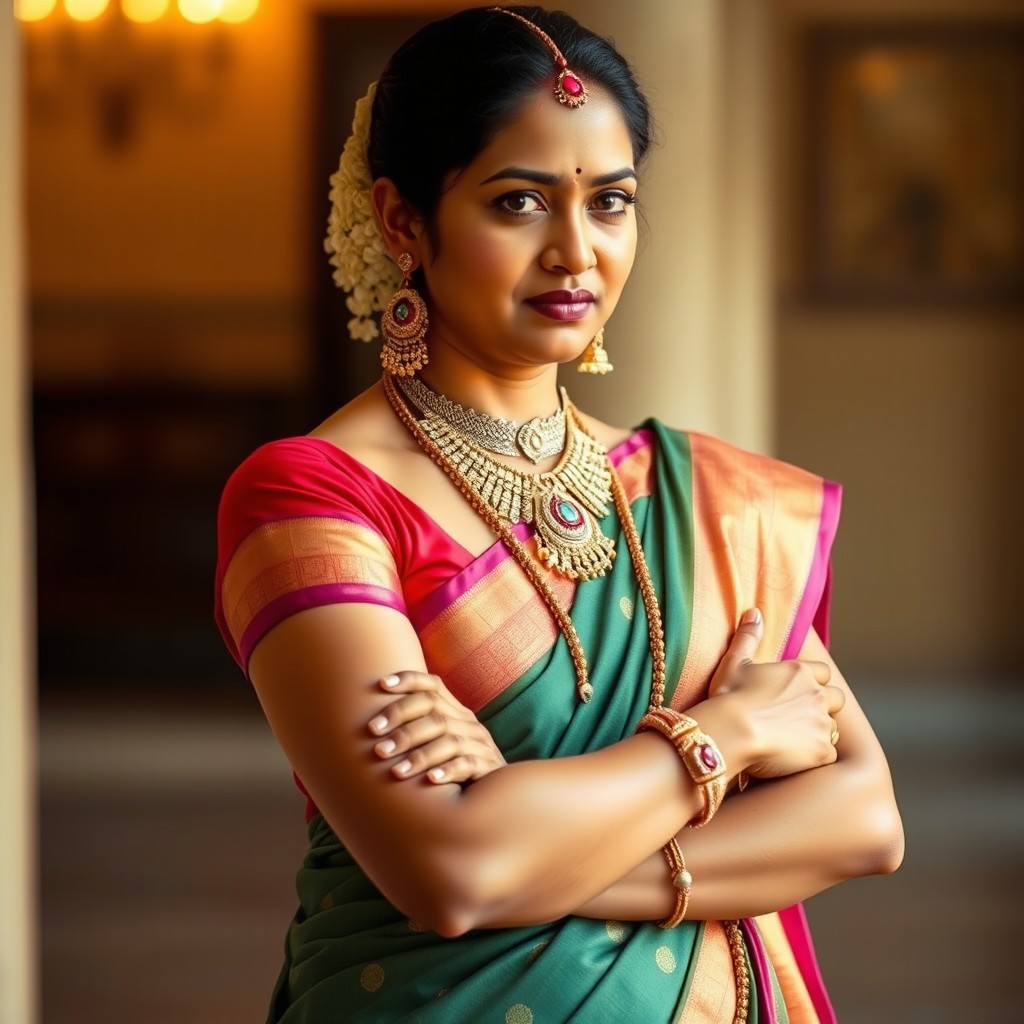 A Tamil woman, elegantly dressed in a traditional top (meelaadai), exuding an expression of shyness, anger, and disdain
