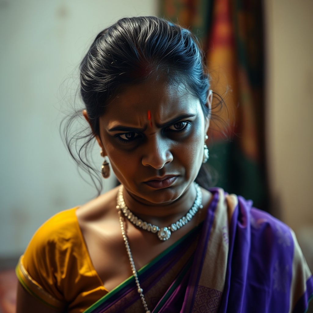 A Tamil woman, removing her traditional top (meelaadai), showcasing an expression that blends shyness, anger, and disdain