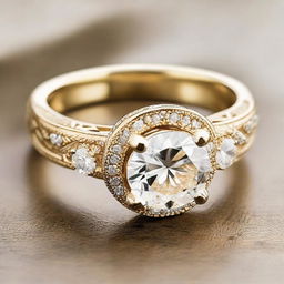 A beautifully designed, highly detailed, and shimmering gold ring set with a large, brilliant-cut diamond in the center.