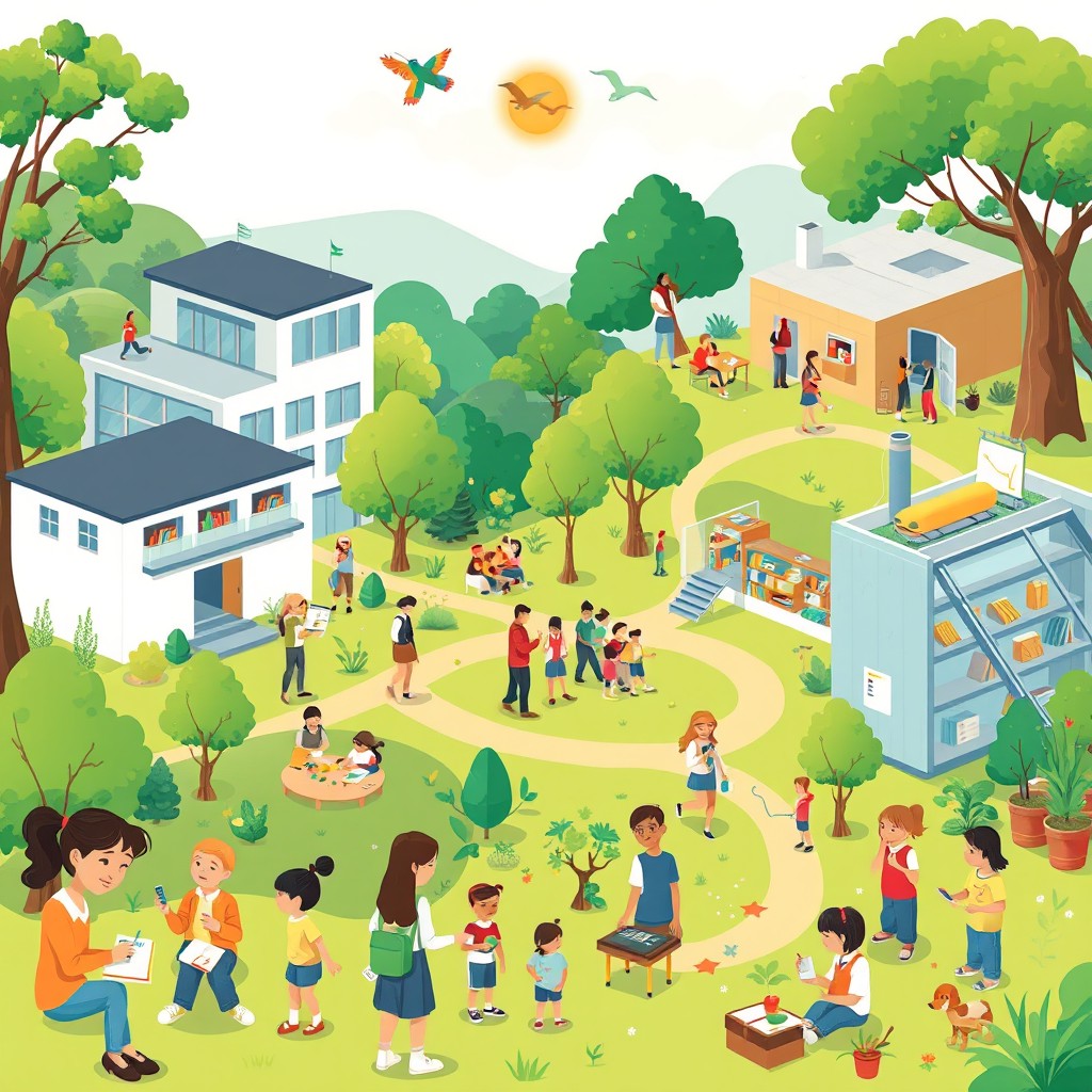 An artistic illustration of a vibrant and engaging educational environment, showcasing various elements of education such as dedicated teachers interacting with students, modern school buildings surrounded by lush greenery, and thoughtfully designed classrooms filled with learning resources