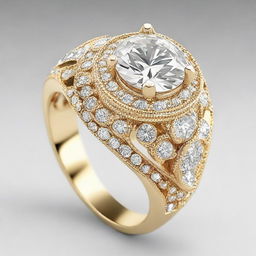 A beautifully designed, highly detailed, and shimmering gold ring set with a large, brilliant-cut diamond in the center.