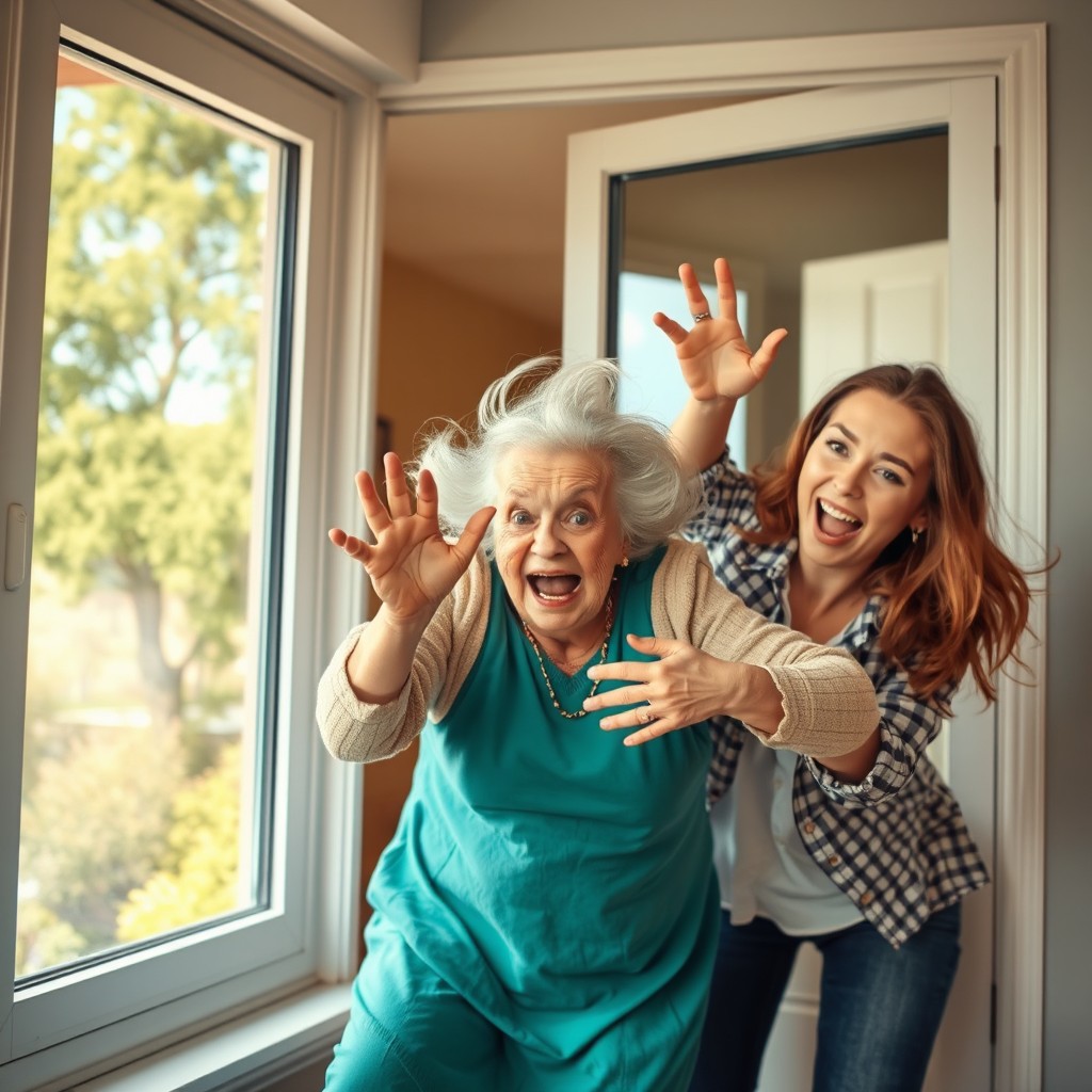 A comedic scene depicting a young woman energetically pushing an elderly woman (the granny) out of a window
