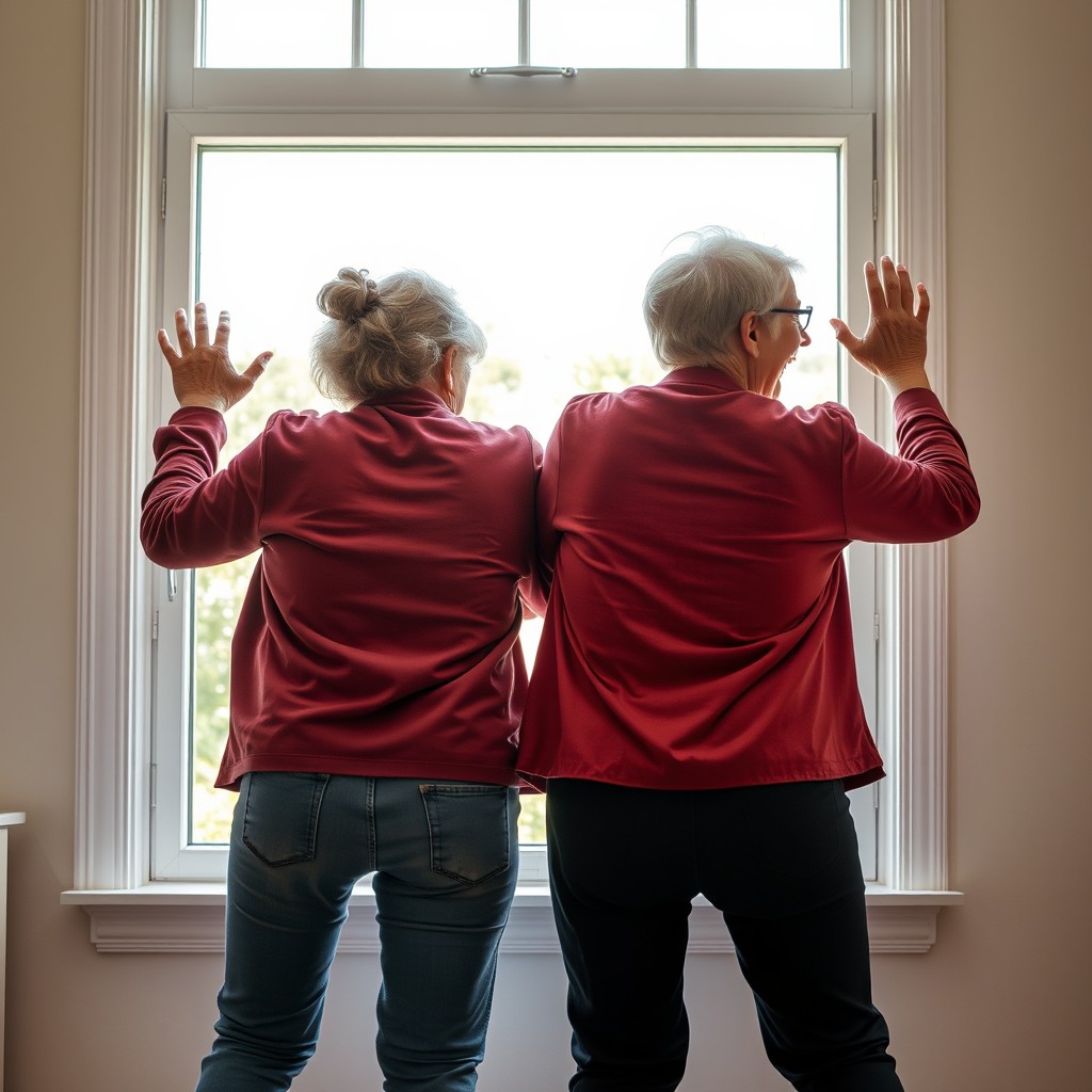 A humorous scene showing the backs of a young woman energetically pushing an elderly woman (the granny) towards a window