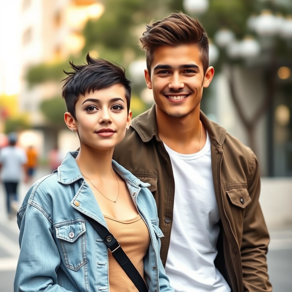 A portrait of a young woman with a boyish short haircut standing next to a handsome young man