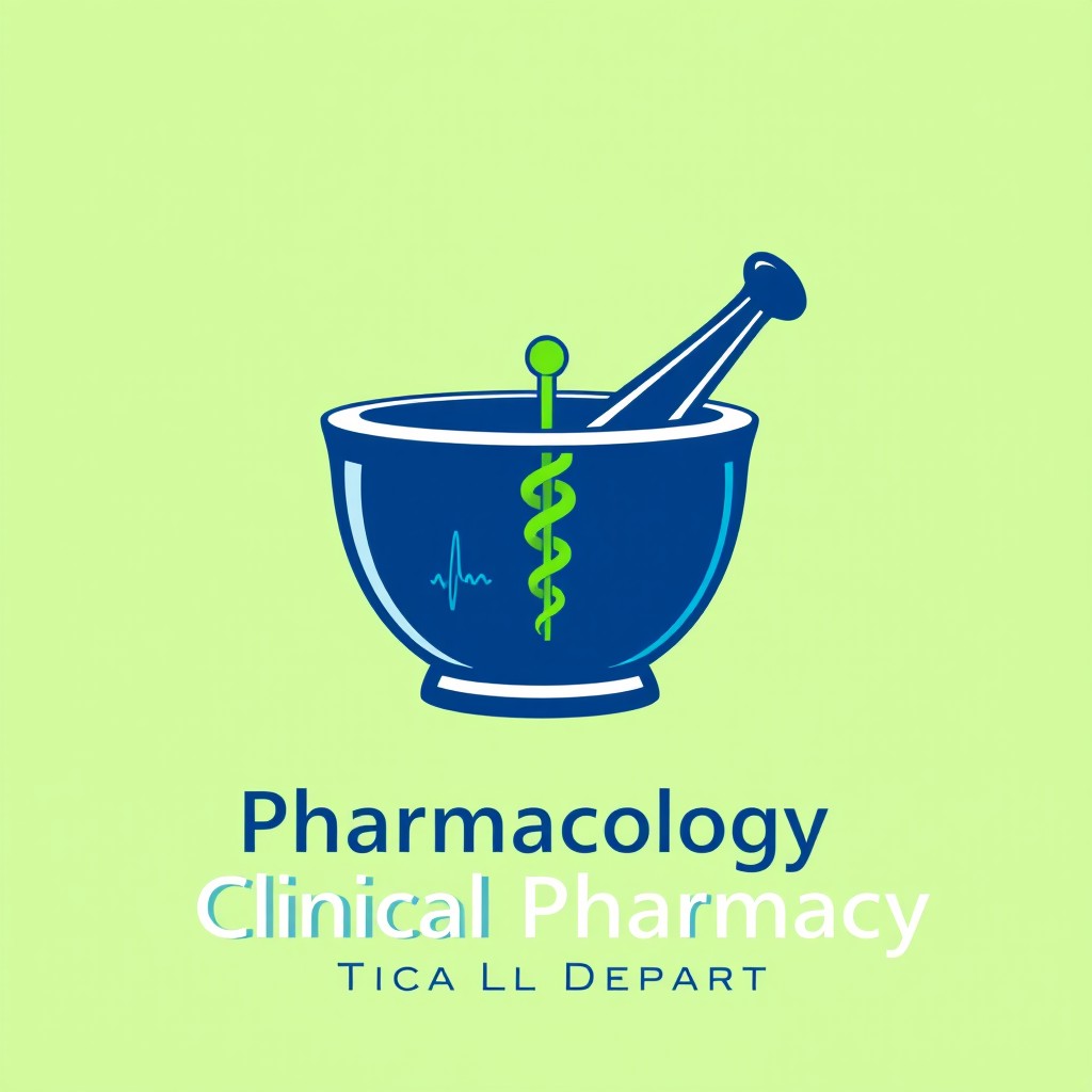 A professional logo design for a Pharmacology and Clinical Pharmacy Department, featuring a stylized mortar and pestle, symbolizing pharmacy practice