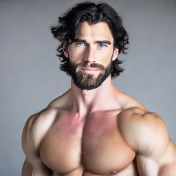 An attractive tall and muscular man with dark blue eyes and pale skin. His wavy black hair and short beard enhance his stunning appearance.