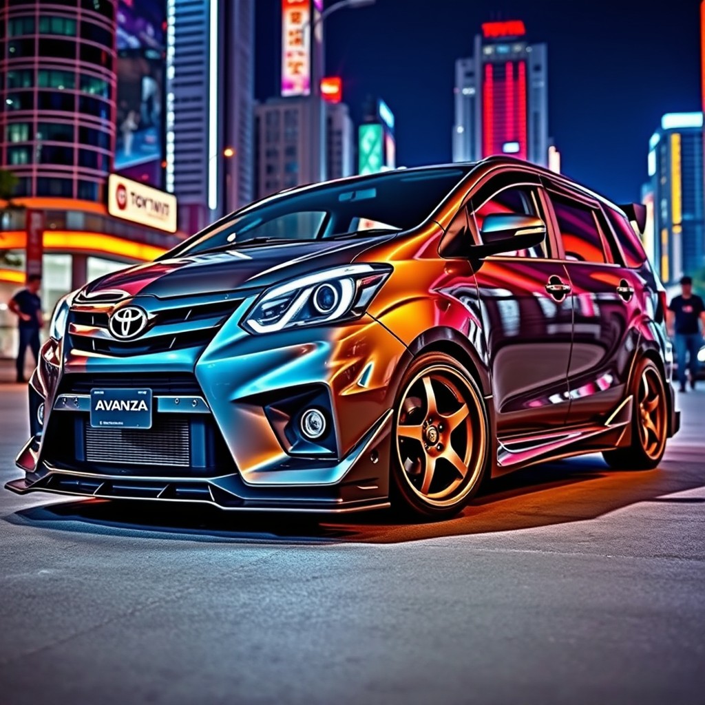 A heavily modified Toyota Avanza with an aggressive bodykit, showcasing a sporty and dynamic design