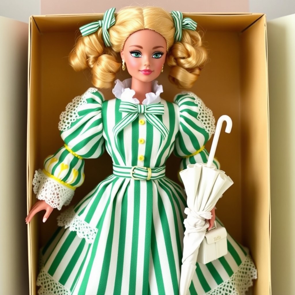 An adult Barbie doll with very light curly golden hair, styled in two pigtails and adorned with a bow made of emerald green and white striped ribbon