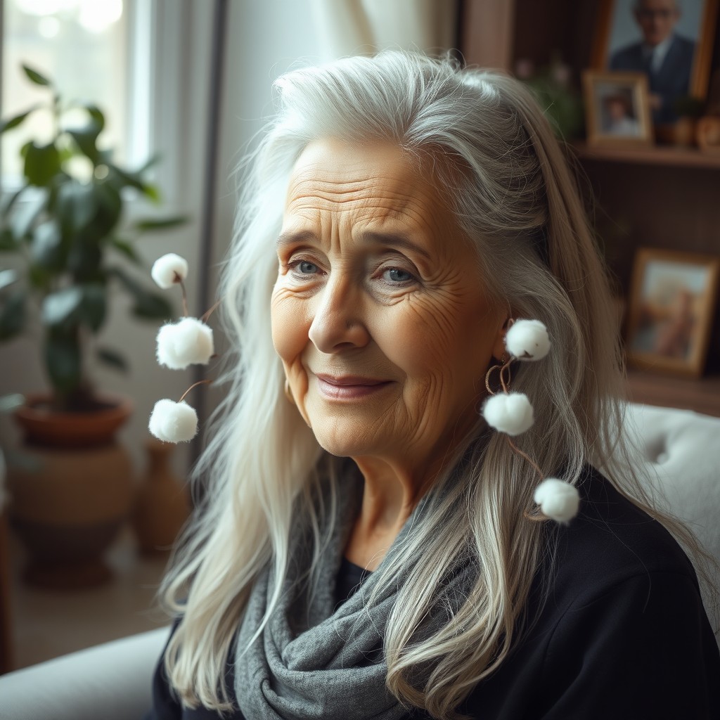 An elderly woman in a serene indoor setting, featuring a gentle smile on her face