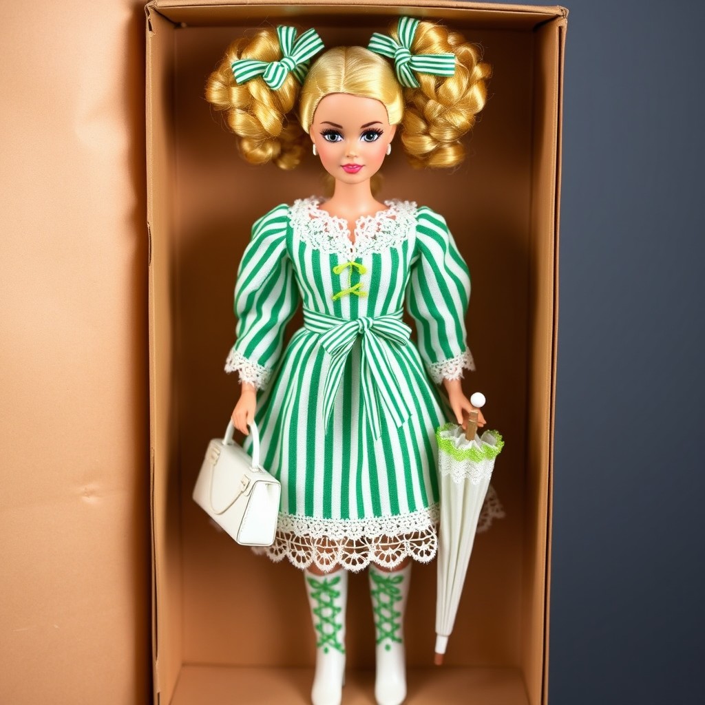 A realistic adult Barbie doll with very light, very curly golden hair styled in two pigtails, adorned with a bow made of emerald green and white striped ribbon