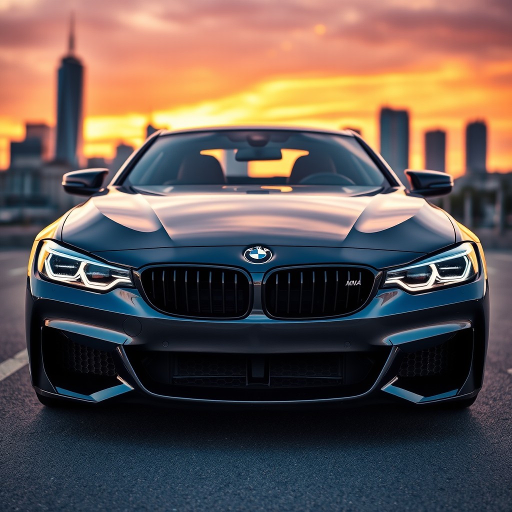 A stunning front angle view of a sleek BMW sports car parked in an urban environment at sunset, showcasing the car's iconic kidney grille and aerodynamic design, with reflections of the sunset in the car's shiny surface