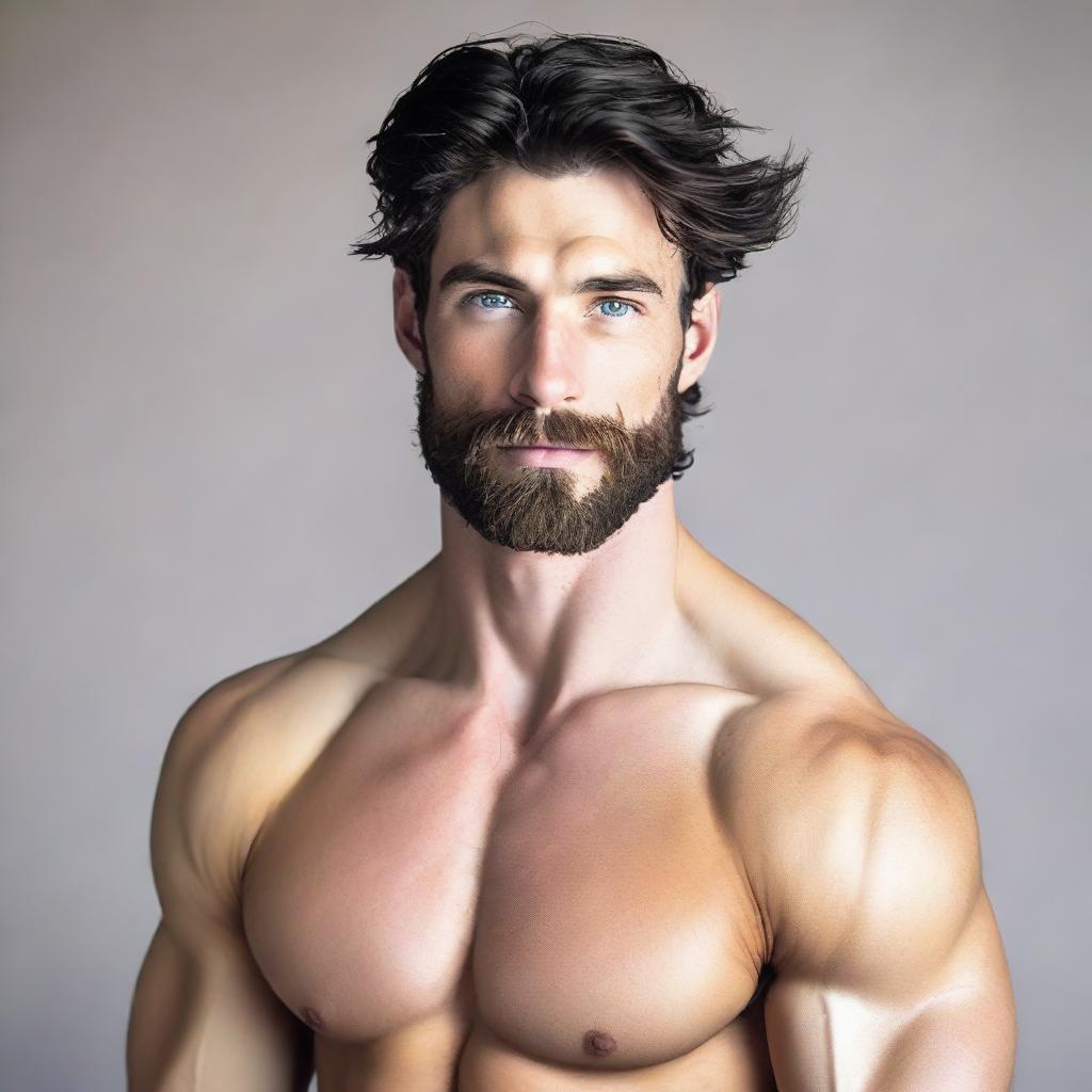 An attractive tall and muscular man with dark blue eyes and pale skin. His wavy black hair and short beard enhance his stunning appearance.