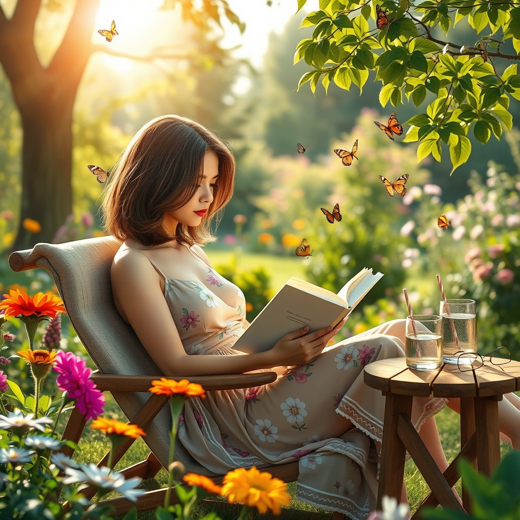 A tranquil garden scene featuring a woman relaxing on a comfortable lounge chair, deeply engrossed in reading a book