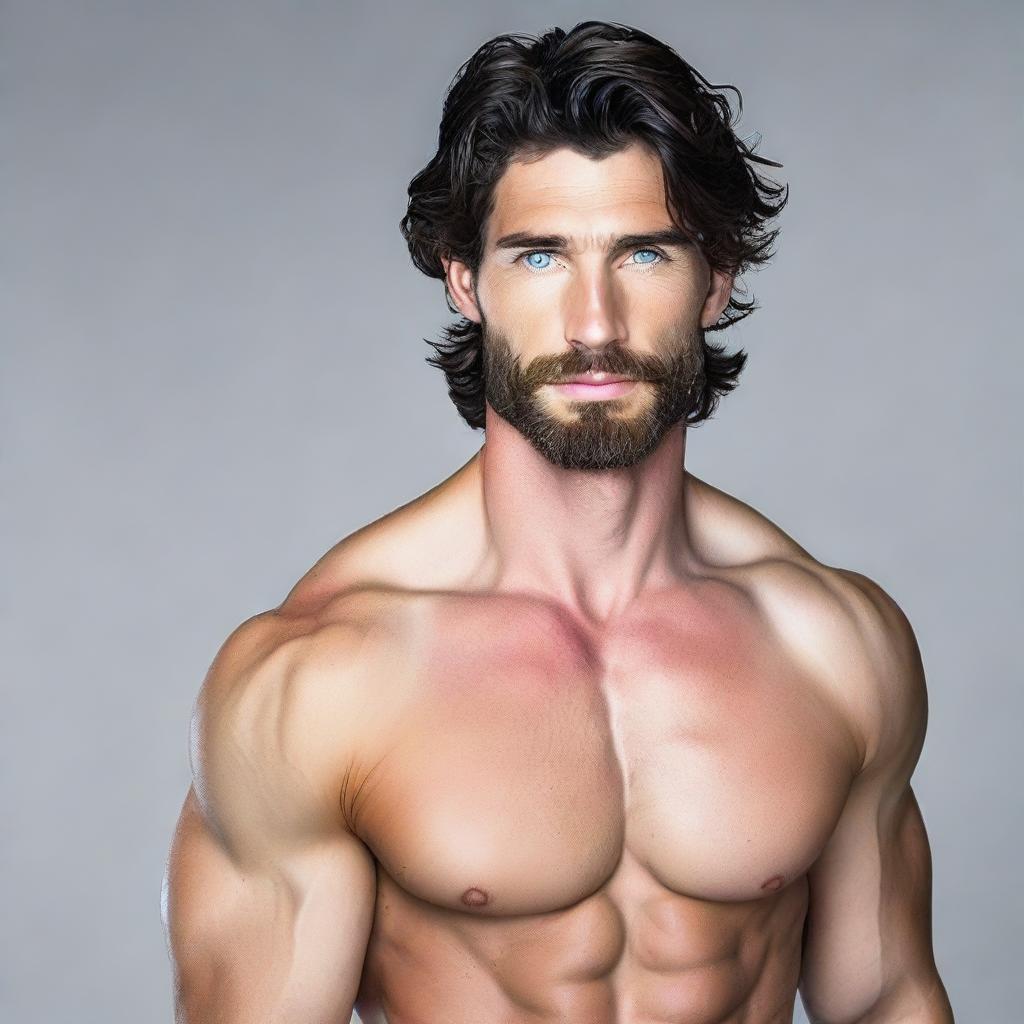 An attractive tall and muscular man with dark blue eyes and pale skin. His wavy black hair and short beard enhance his stunning appearance.